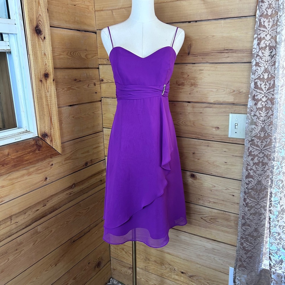 Vintage Chiffon Cocktail Dress Womens Large Purple Rhinestone Alfred Angelo